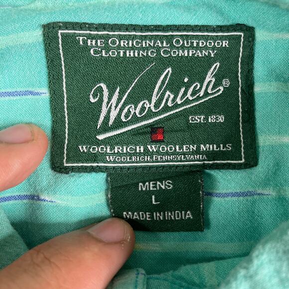 Woolrich Button Down Shirt Mens Large Green Striped Short Sleeve Casual Outdoor - Picture 7 of 10